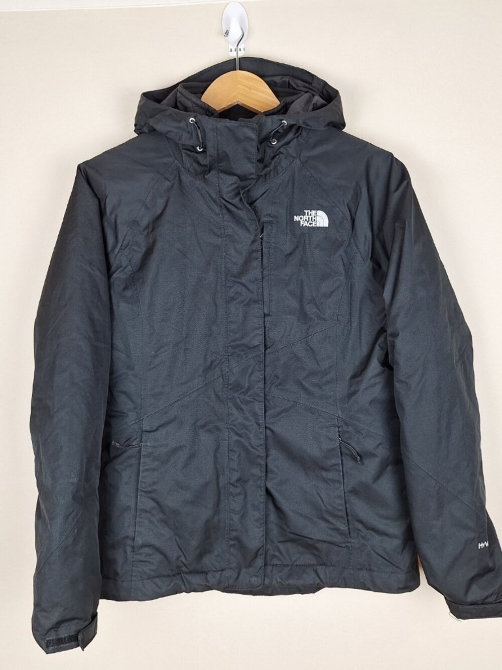 The North Face HyVent hooded jacket Women Size S. Black Zip-in Removable Lining